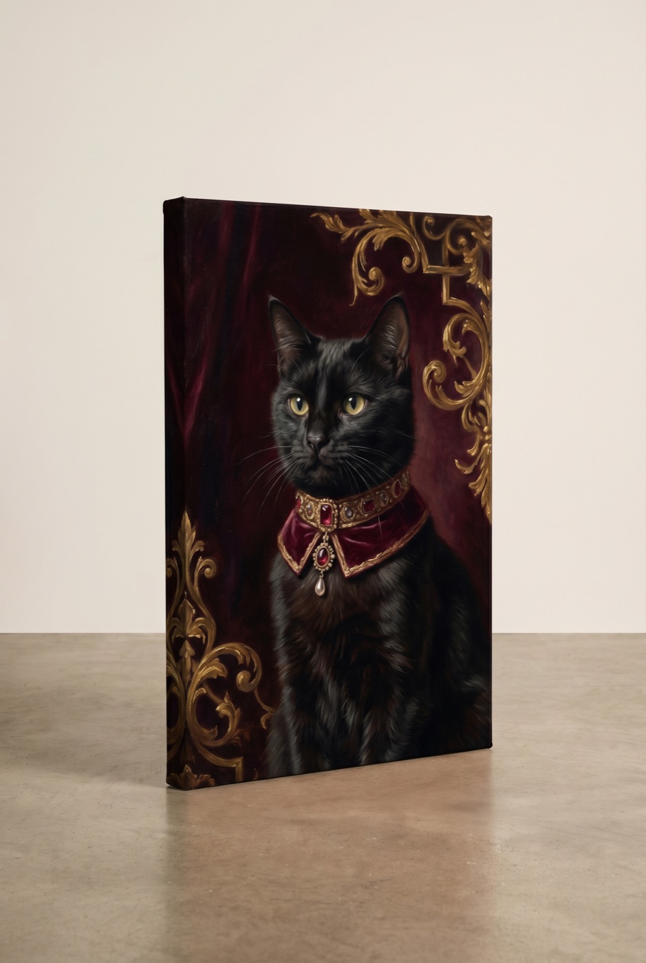 Same black cat rendered in Renaissance oil.
