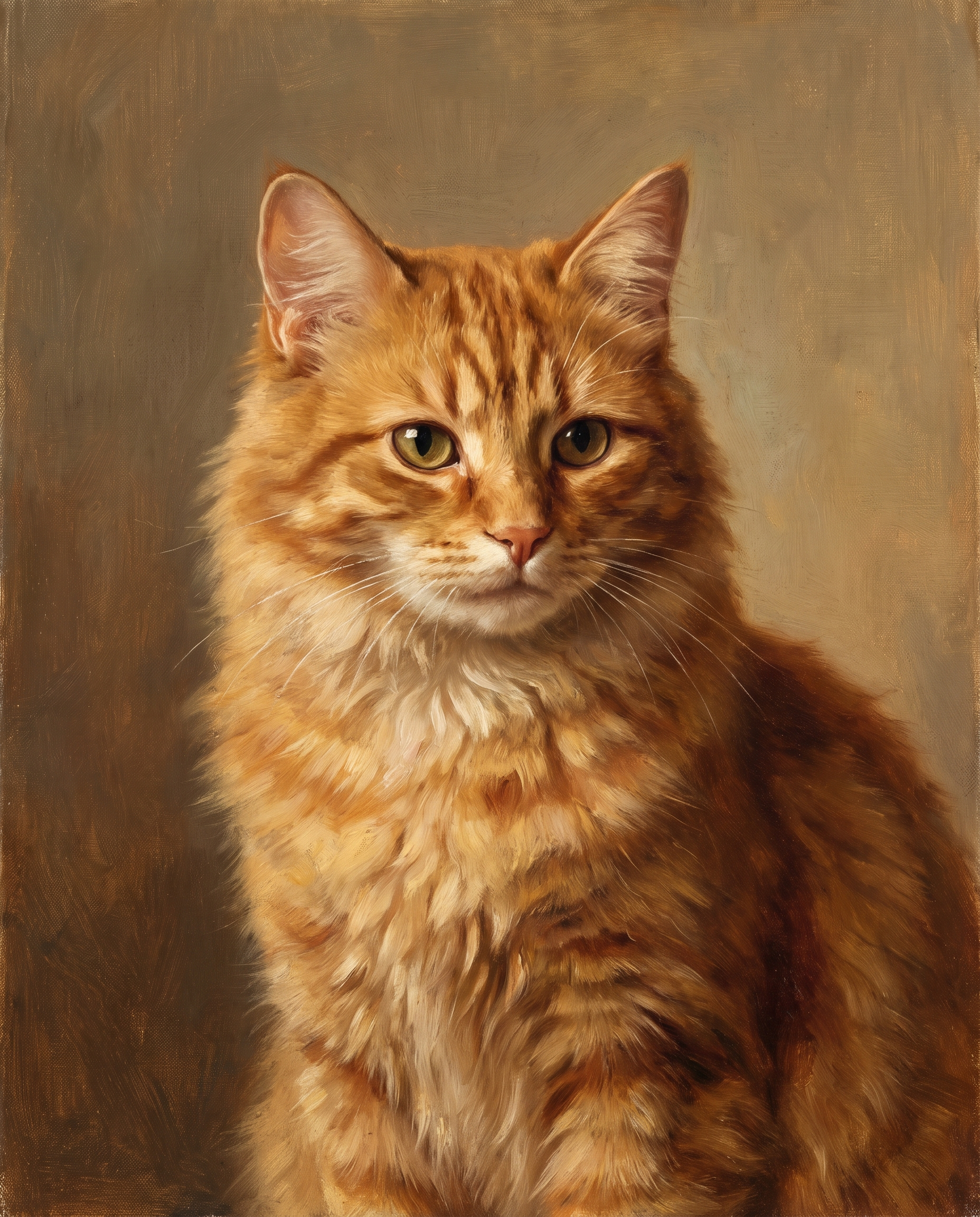 Orange tabby painted in classic oil against a muted mantel-ready background.