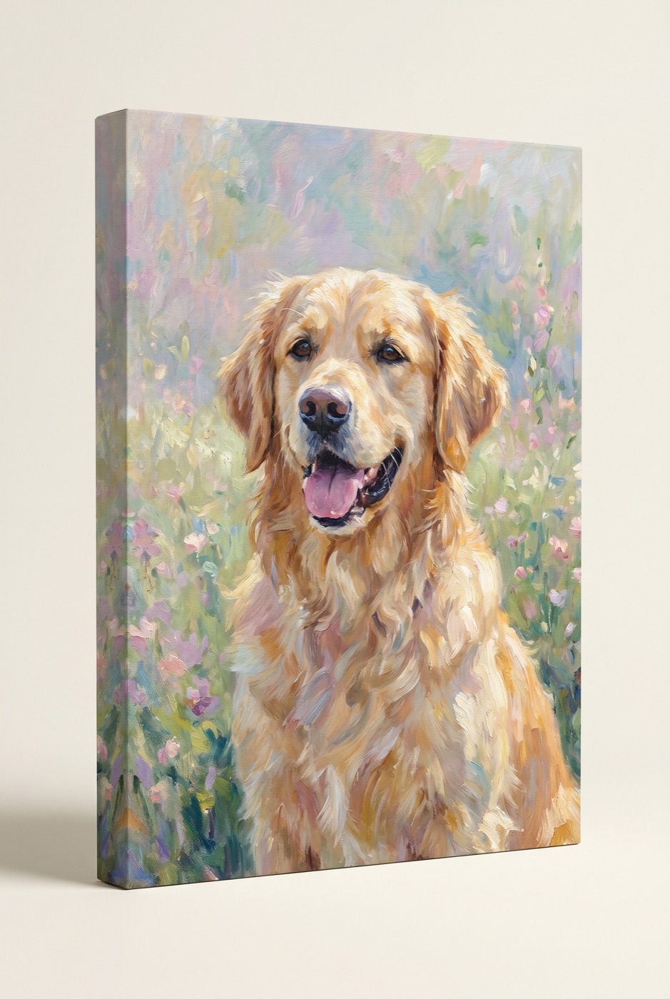Golden puppy in Impressionist style — dappled light, loose brushwork.