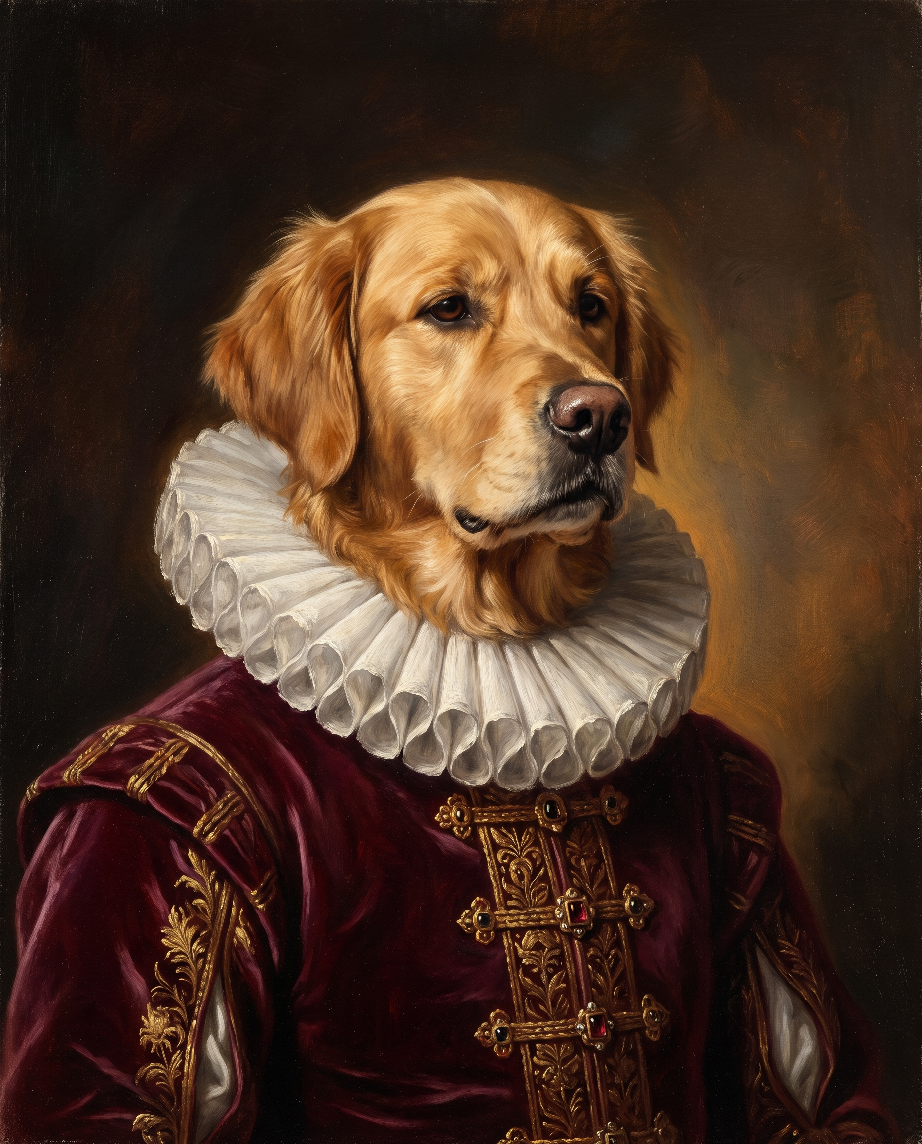 Three dogs painted together in classic oil, wider aspect for canvas.