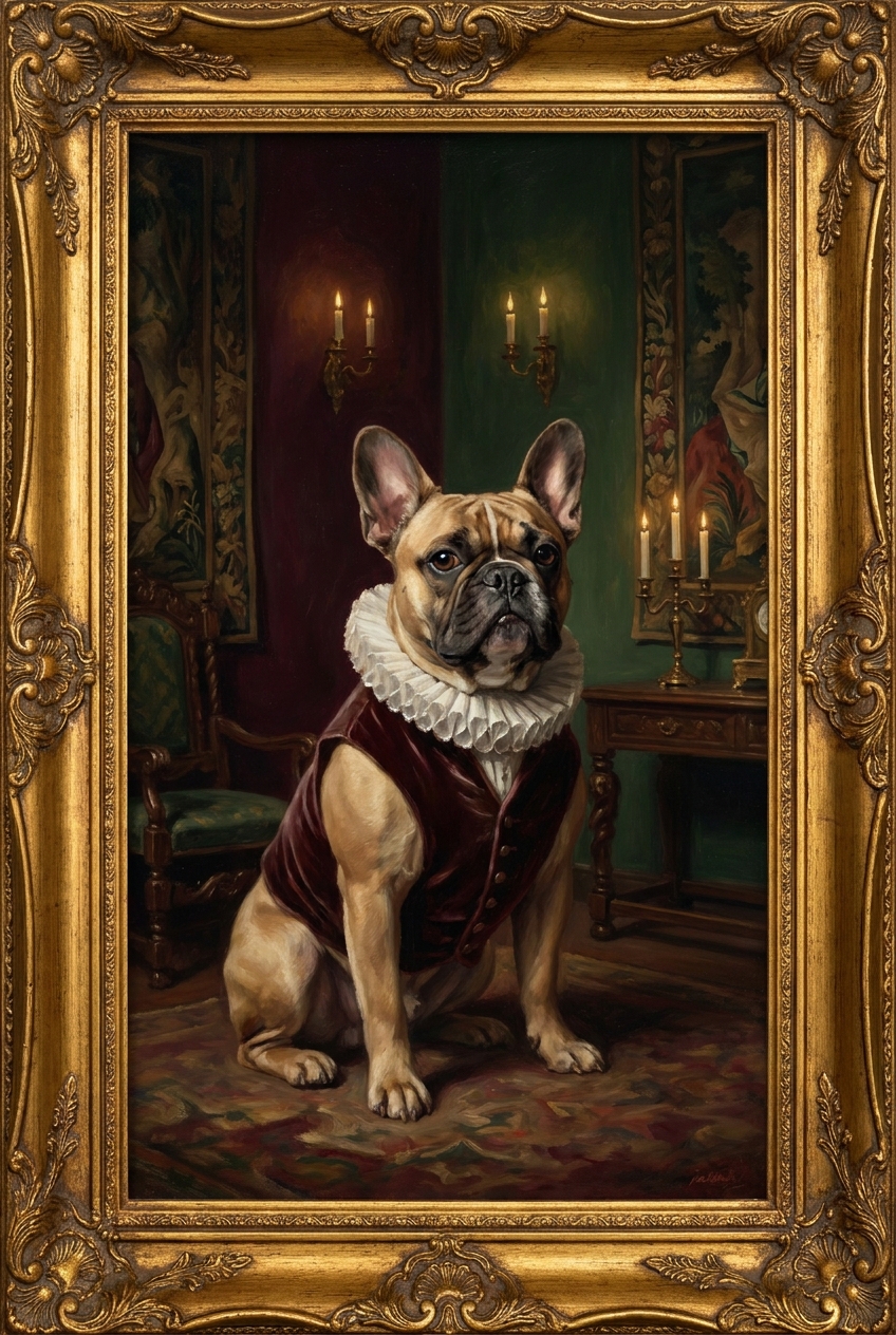 Sample: a french bulldog painted in Victorian oil-portrait style in an ornate gilded frame