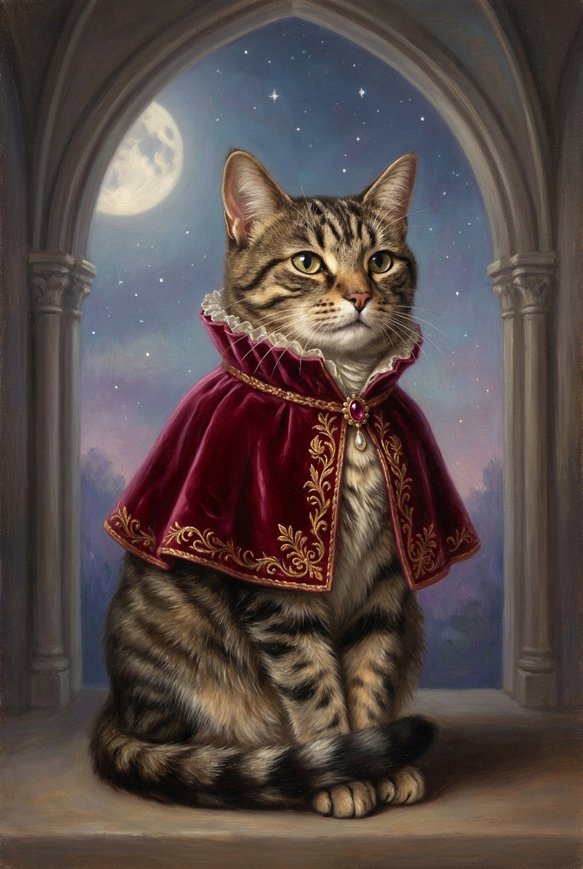 Sample: a tabby cat painted in Renaissance style wearing a crimson velvet cape under a moonlit gothic arch