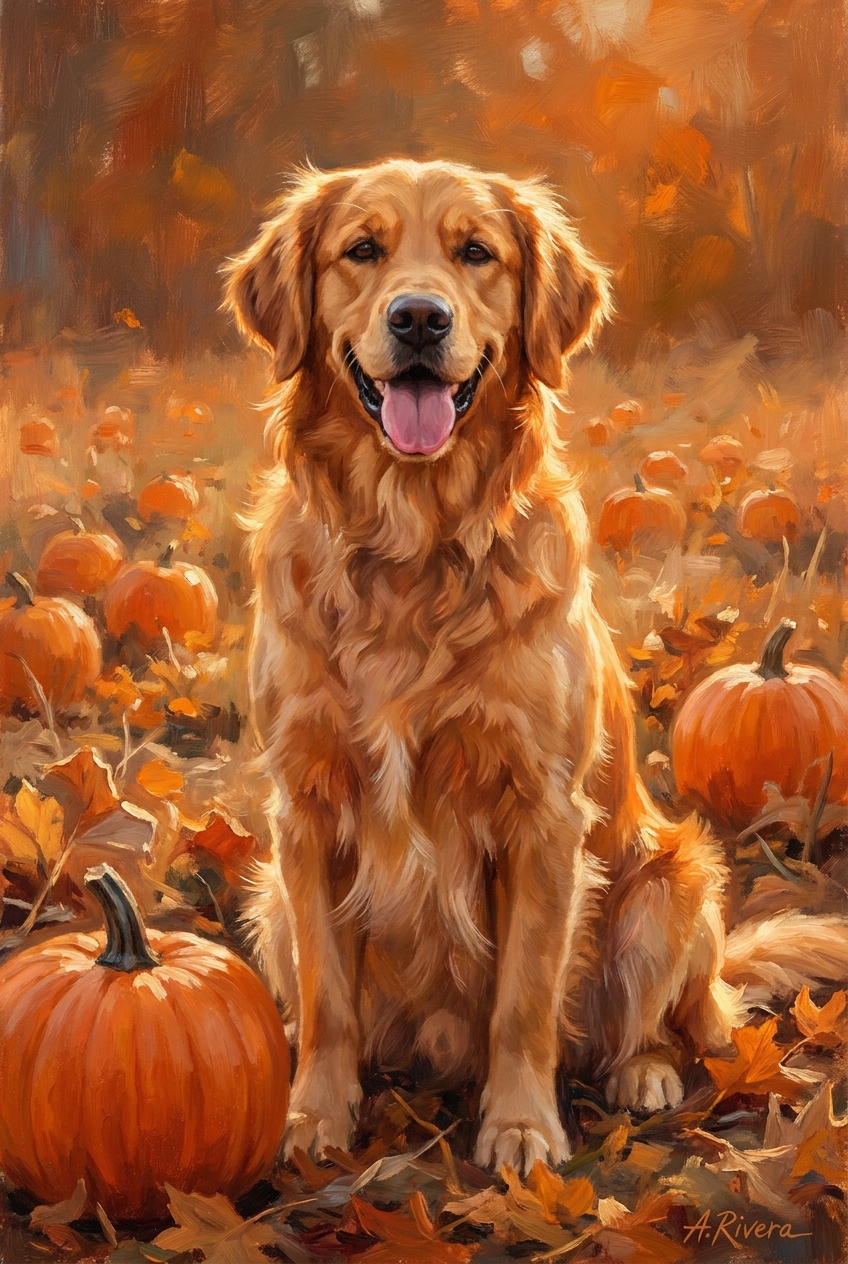Sample: a golden retriever painted in oil in a sunlit autumn pumpkin patch