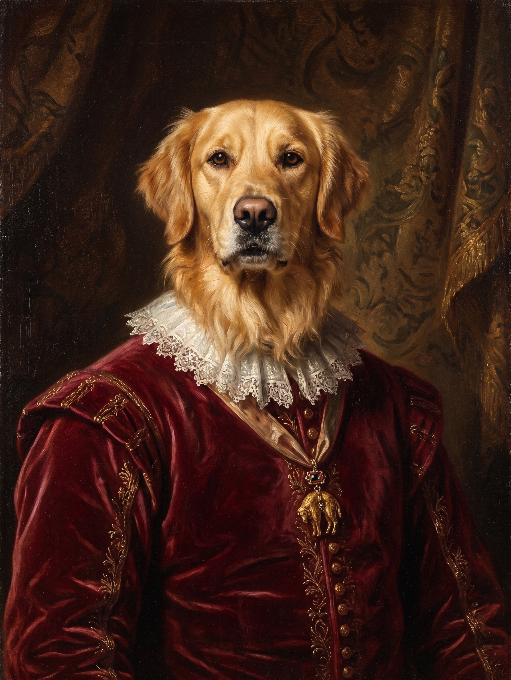 Golden retriever memorial portrait in classical oil