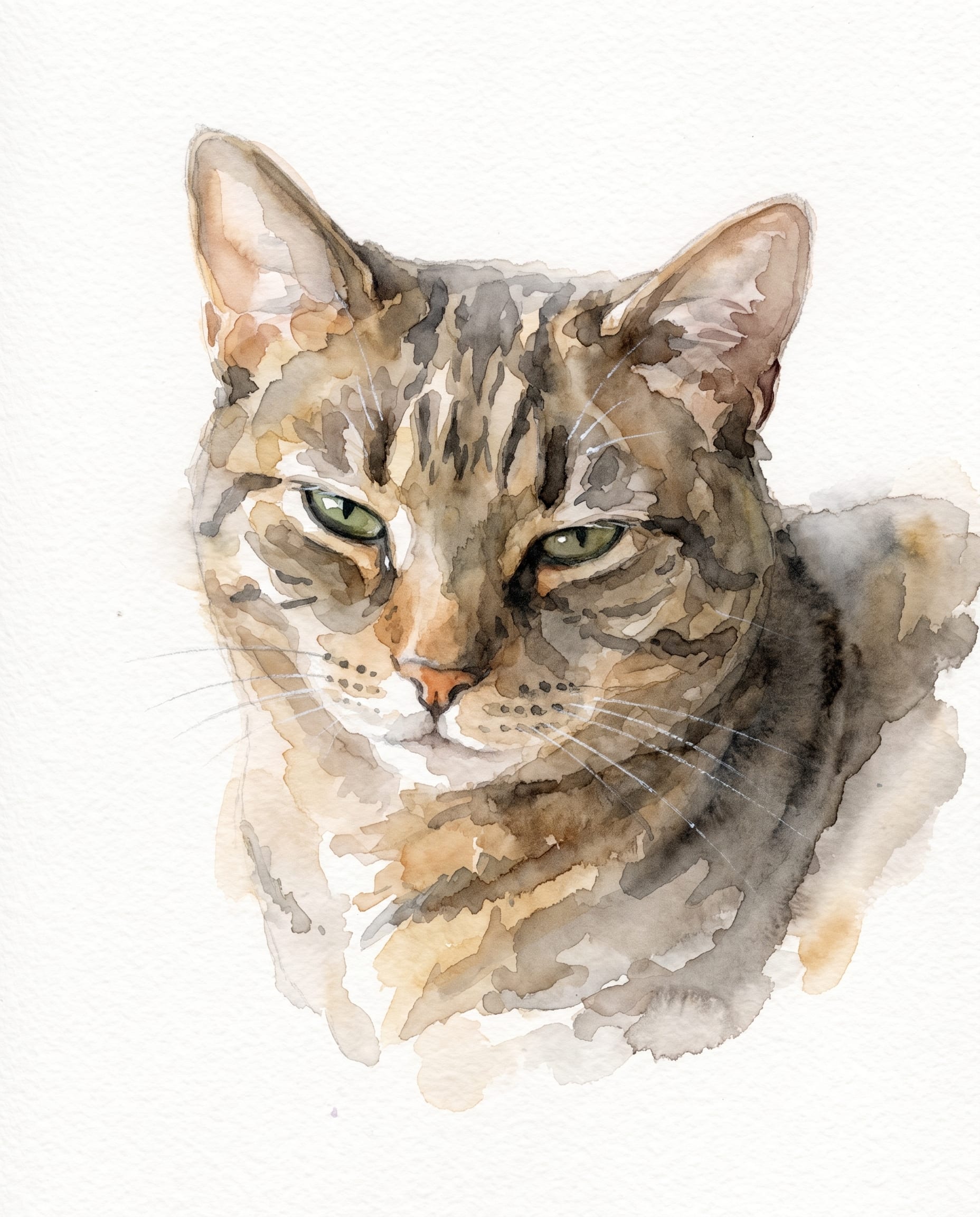 Tabby cat rendered in watercolor — M-forehead marking, broken stripes in loose washes