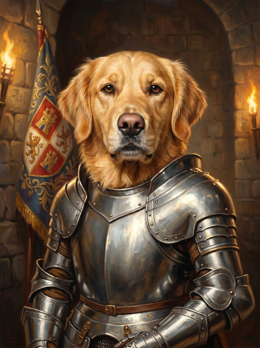 Bulldog painted as an armored knight.