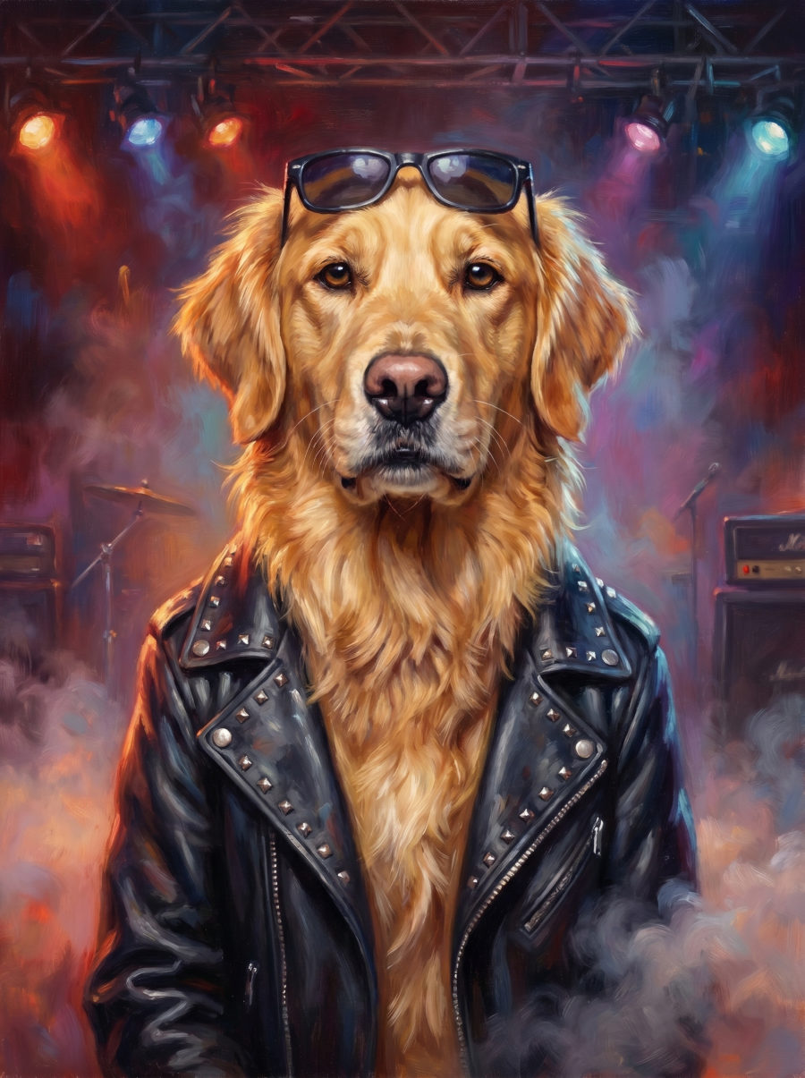 Frenchie painted as a rockstar under stage lights.