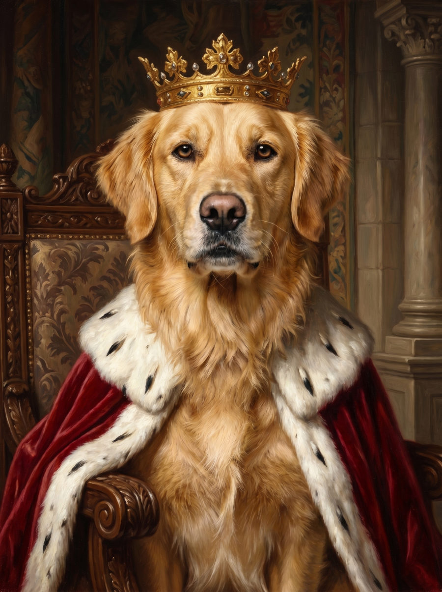 Golden retriever painted as royalty in ermine and gold.