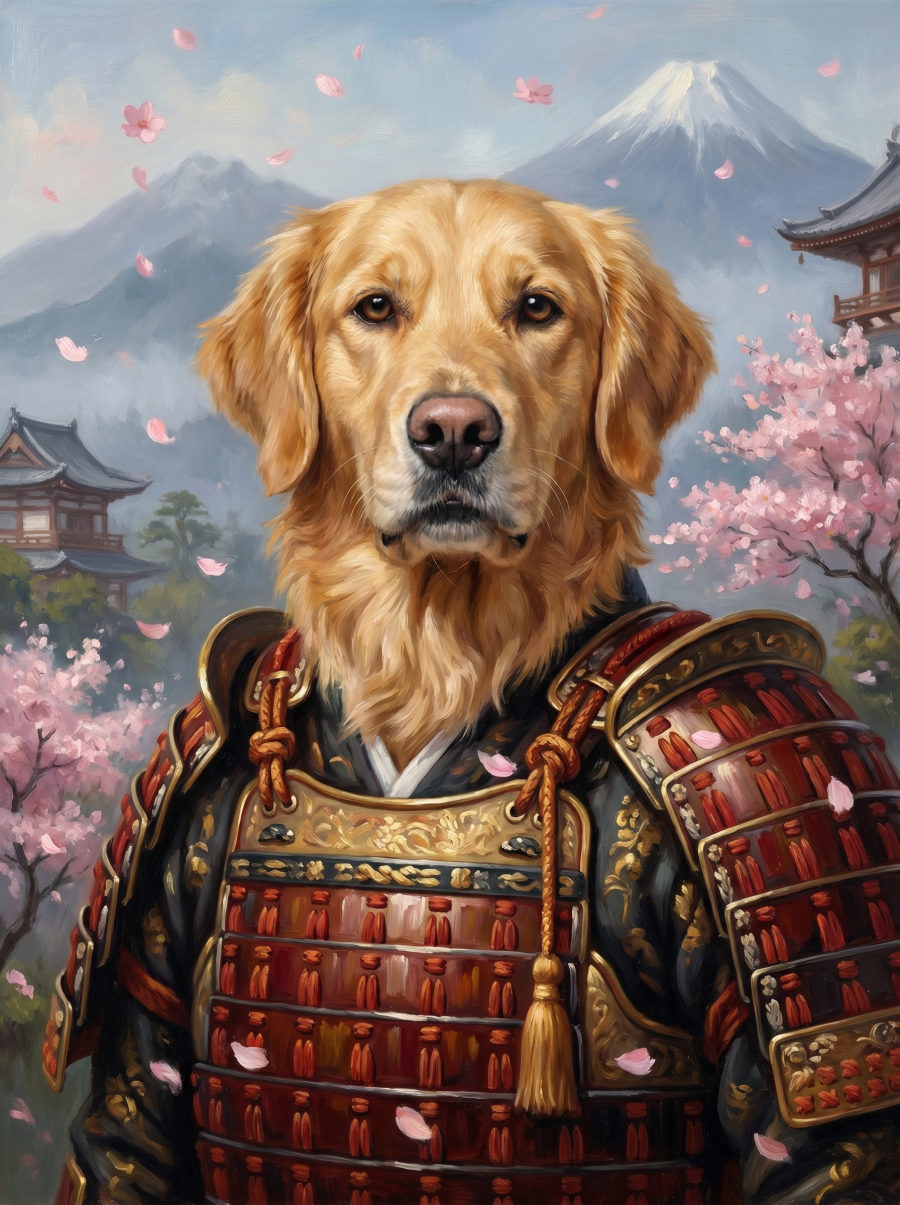 Black cat painted as a samurai in silks.