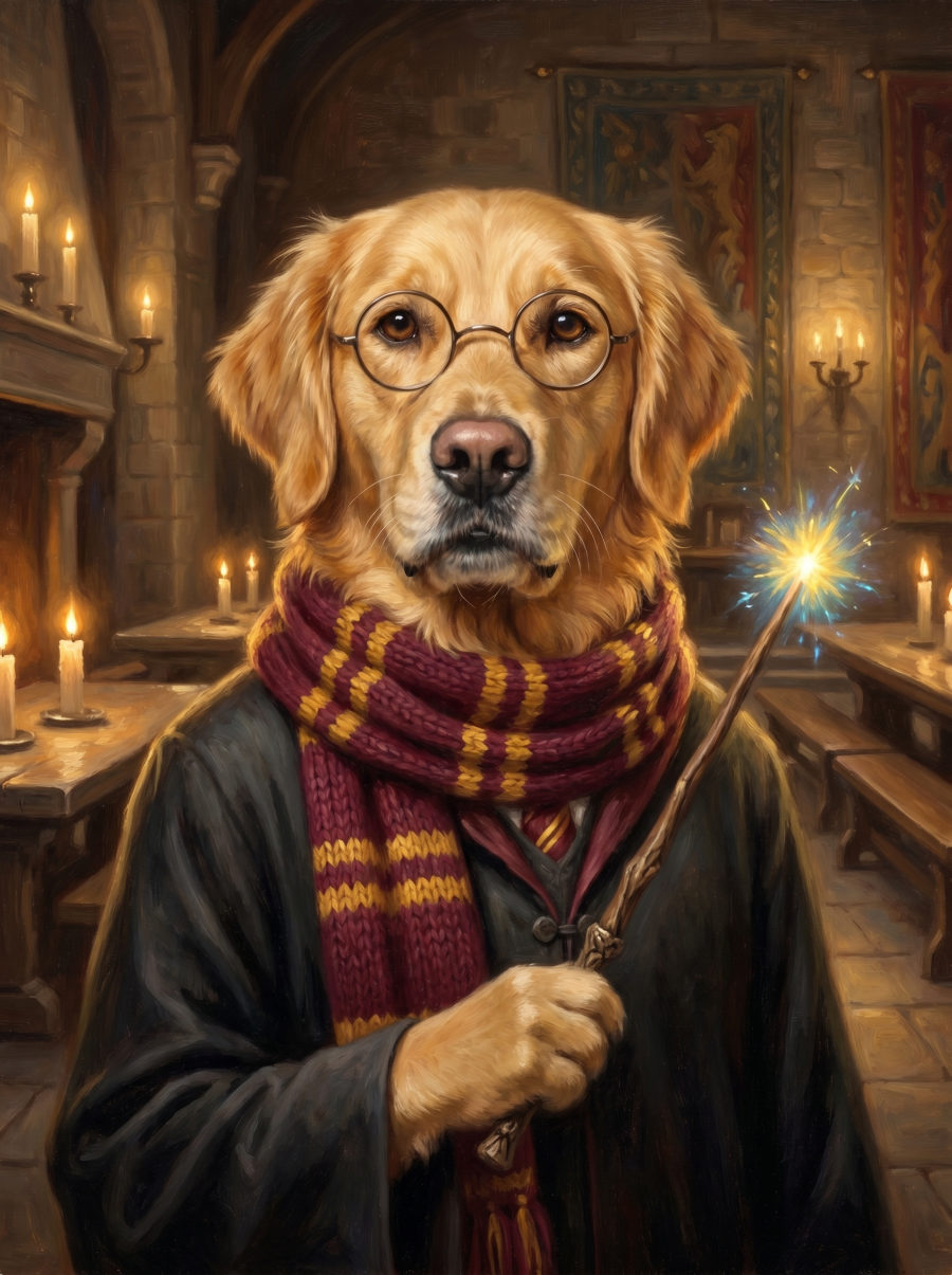 Chihuahua painted as a wizard in a cloak.