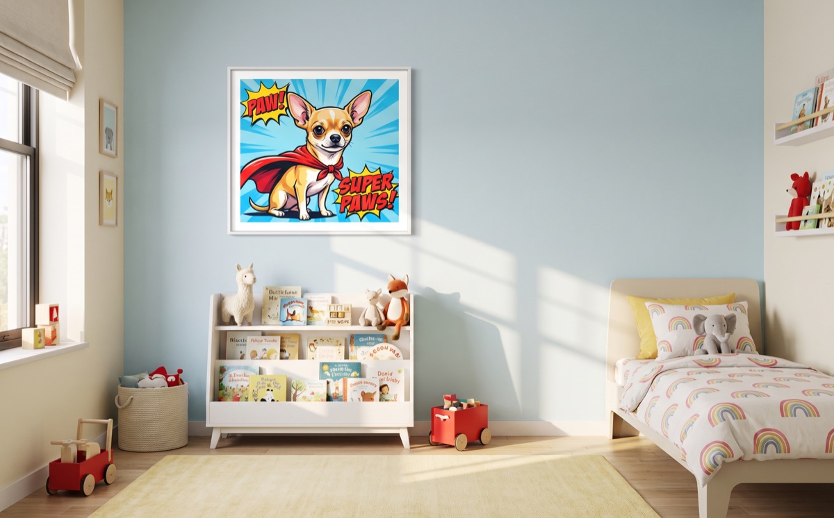 In the kids’ room — framed pet portrait