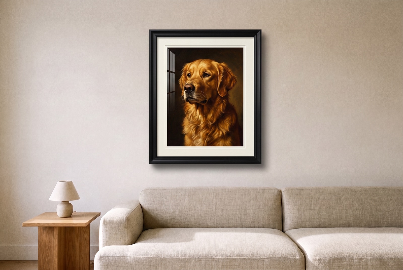 Above the sofa — framed pet portrait