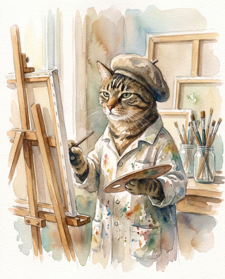 Tabby cat painted as an artist