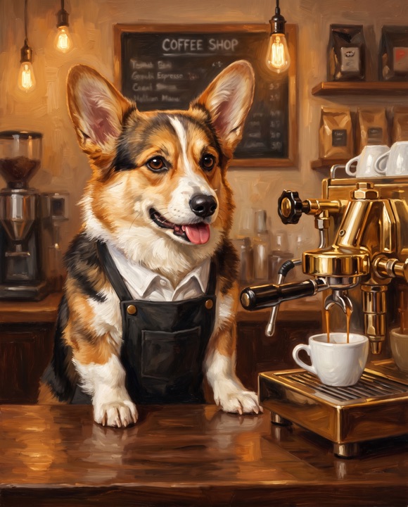 Corgi painted as a Barista Classic Oil portrait