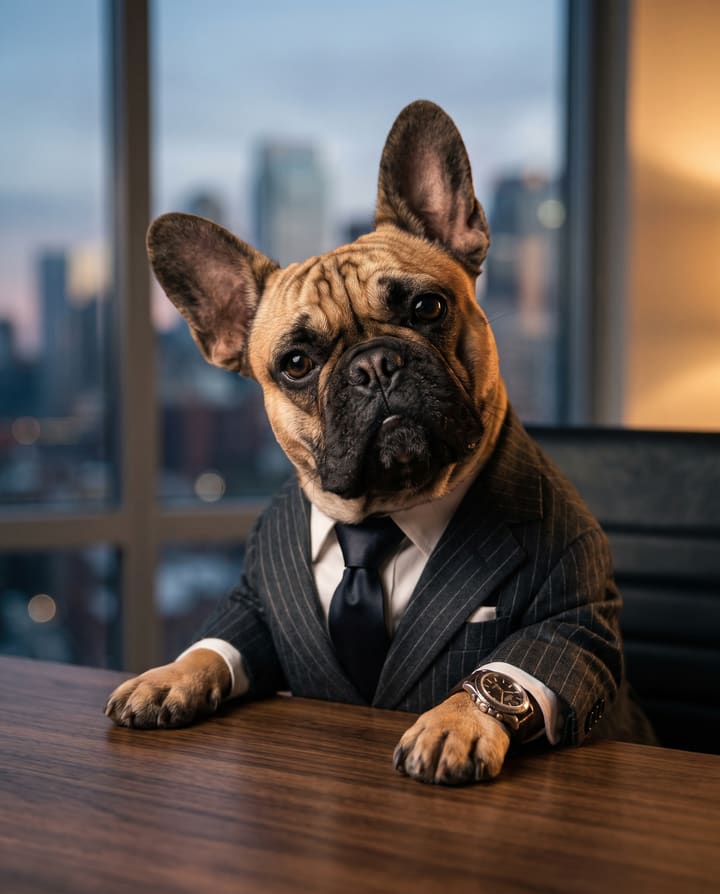French bulldog painted in a charcoal suit at a walnut desk, corner-office skyline behind.