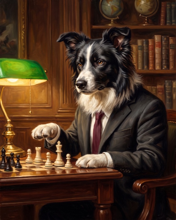 Border Collie painted as Chess Grandmaster