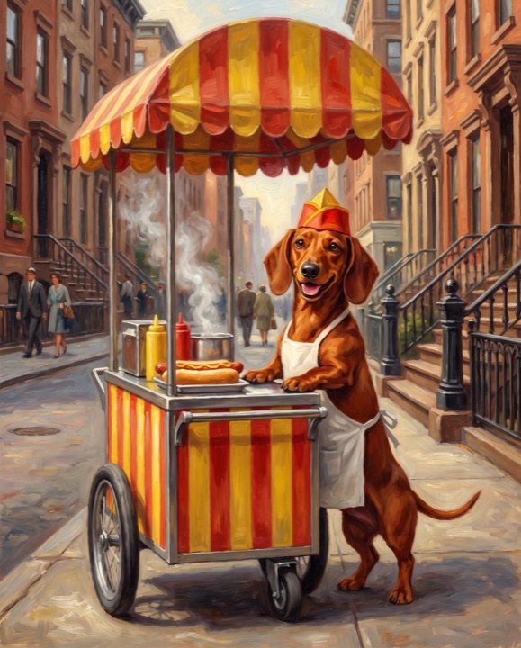 Dachshund painted as Hot Dog Vendor