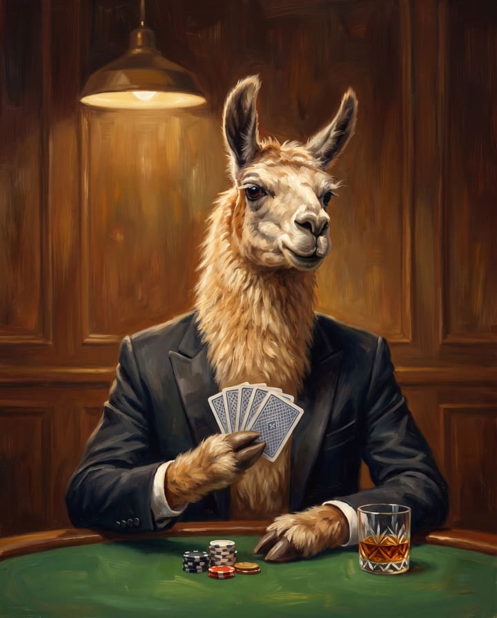 Llama painted in a black tuxedo at a green-felt poker table with cards, chips, and whiskey.