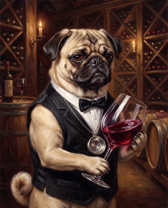Pug painted as Sommelier