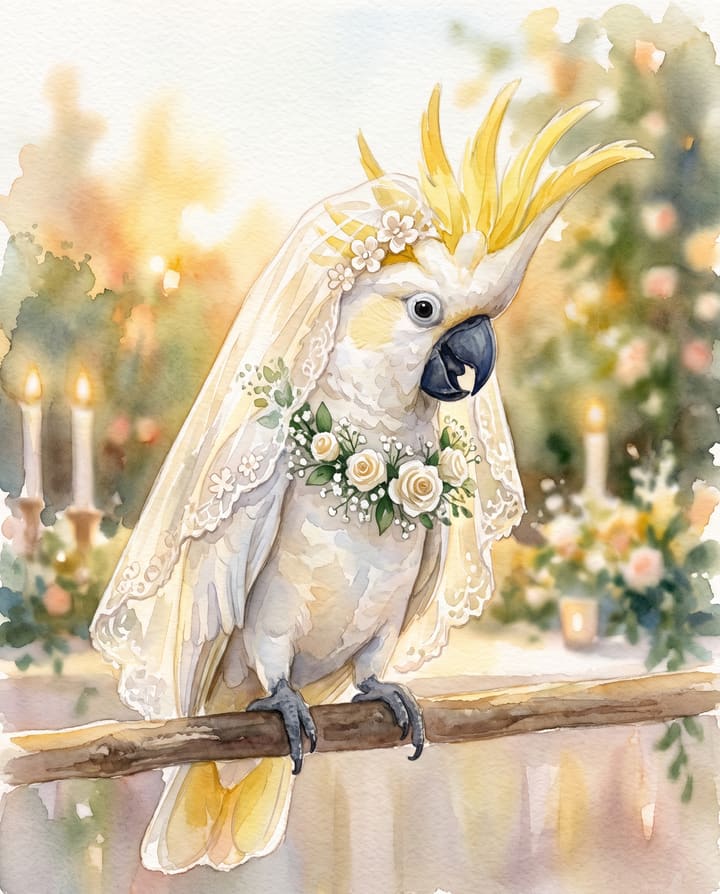 Cockatoo painted dressed for a garden wedding, watercolor style.