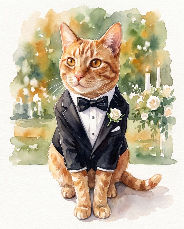 Ginger cat painted with a delicate ivory lace veil and a floral collar, watercolor style.