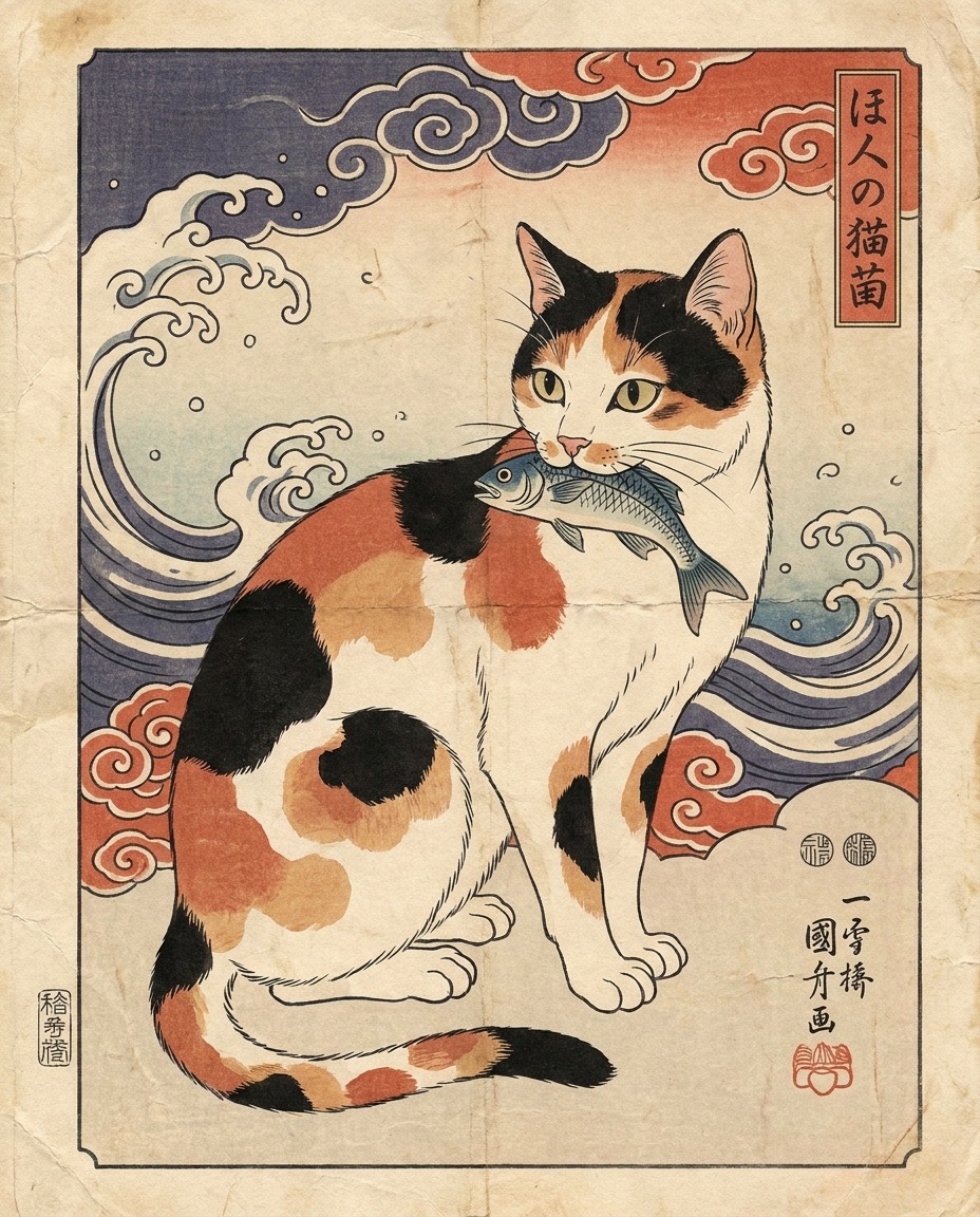 Ukiyo-e pet portrait — signature example